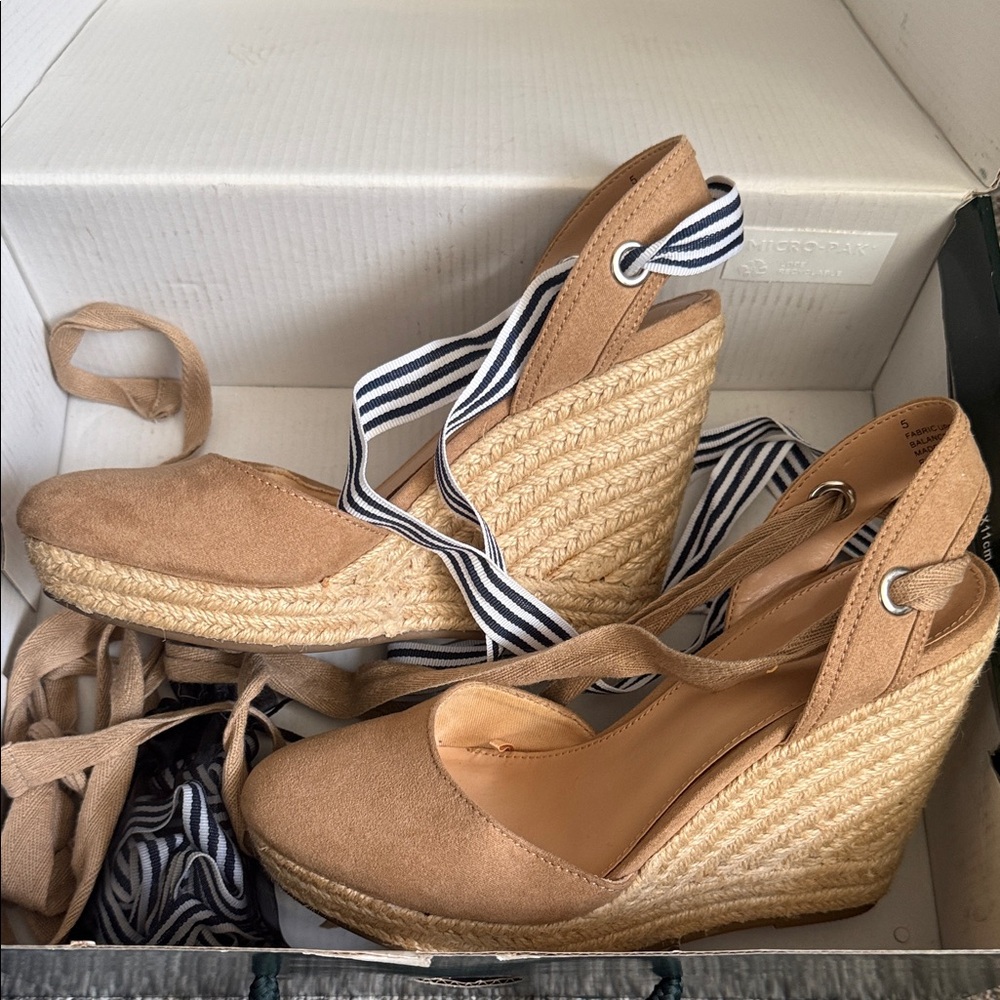 Tan Espadrille Wedge Tie-Heel Women's Shoes